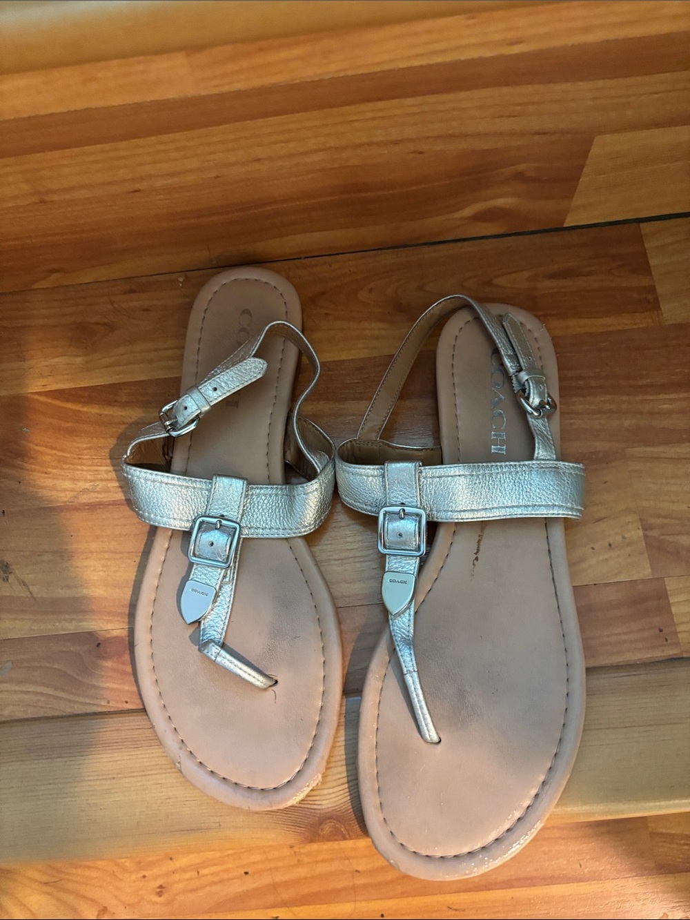 Coach Metallic Gold T-Strap Leather Sandals